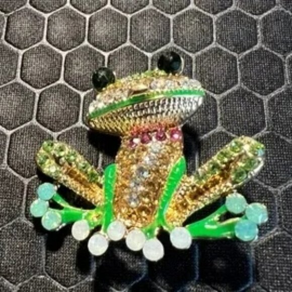Frog Brooch with Green and Gold Crystals - Picture 1 of 1